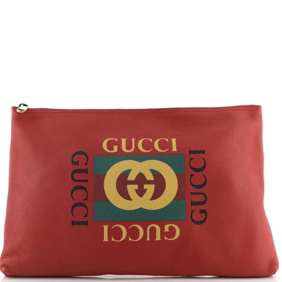 Gucci Handbags - Gucci Logo red Portfolio Pouch Printed Leather Large clutch bag handbag